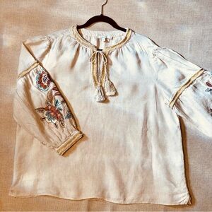 Chico's cream Linen Blouse with Multicolor Floral Embroidery